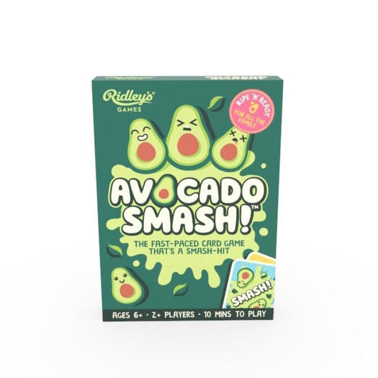 Avocado Smash! card game box with cartoon avocados and green background.