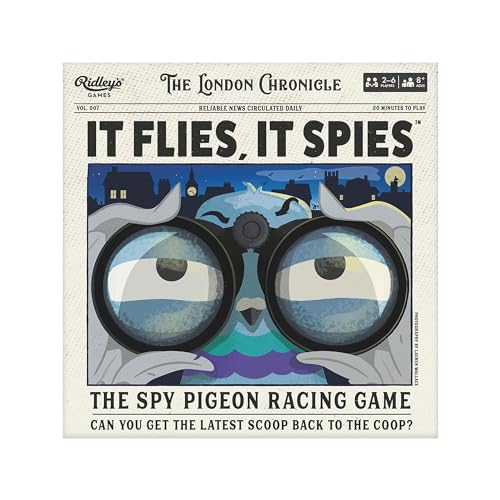 Game box featuring a pigeon with binoculars over a London skyline.