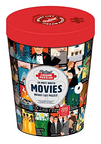 Red cylindrical puzzle container displaying scenes from popular movies.