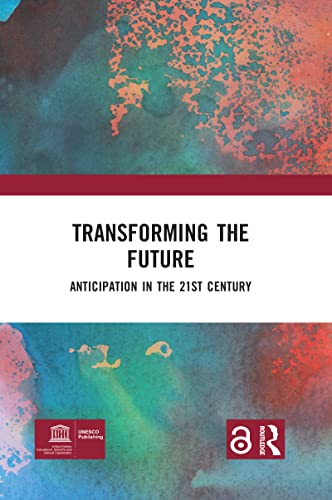 Book cover: “Transforming the Future” with abstract colorful paint texture.