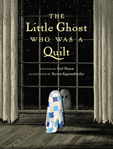 A quilt-covered ghost stands before a dark window with another ghost in the background.