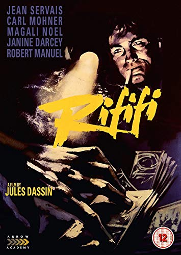 DVD cover featuring a man smoking, with cash and a spotlight, titled "Rififi".