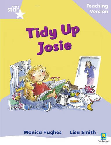 Book cover: "Tidy Up Josie" shows a girl reading amidst a messy room.