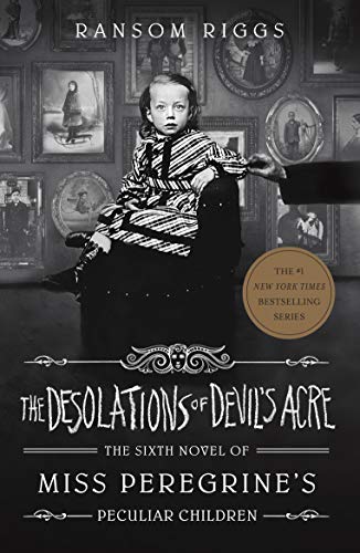 Book cover: young girl in striped dress surrounded by vintage portraits.