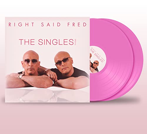 Pink vinyl record of Right Said Fred’s “The Singles” with album cover image.