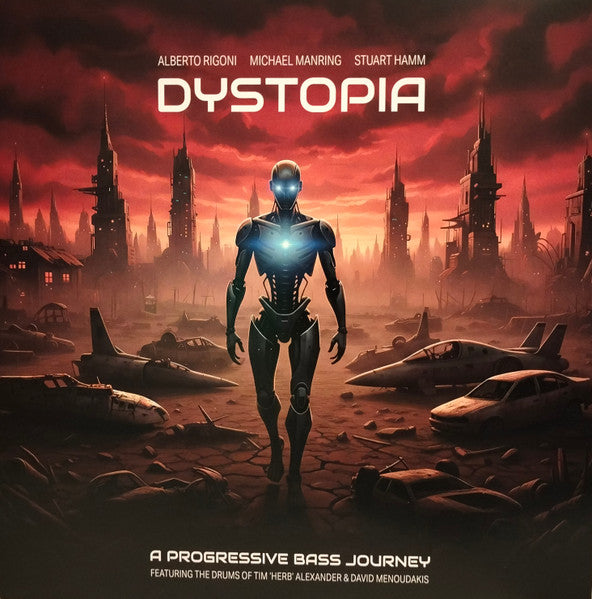 Album cover for "Dystopia" featuring a robot in a futuristic city.