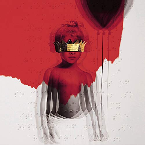 Rihanna wearing a crown, partially obscured by red paint and a balloon.