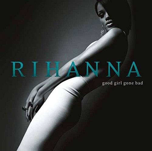 Rihanna posing in a white dress against a dark background, with album title text.