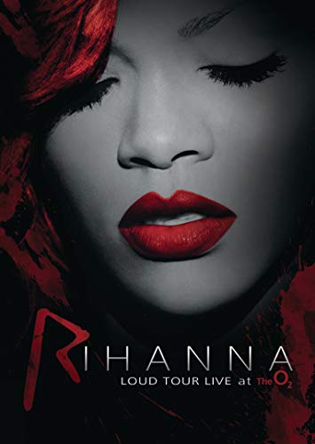 Close-up of Rihanna with red lips, DVD title "Loud Tour Live at The O2".