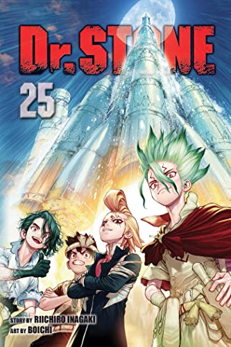 Manga cover featuring four characters standing before a large rocket under a night sky.