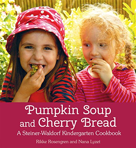 Two young children eating, cookbook cover titled “Pumpkin Soup and Cherry Bread.”