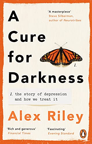 Book cover: "A Cure for Darkness" with a monarch butterfly image.