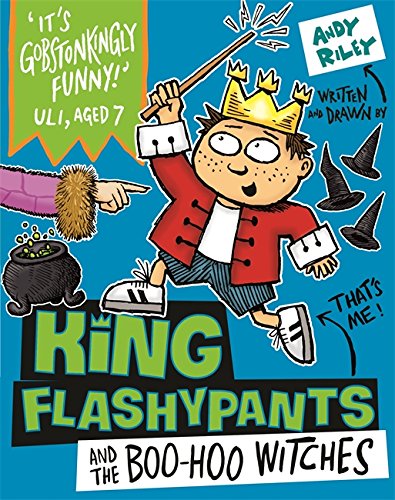 Cartoon boy wearing a crown points at a bubbling cauldron and witches’ hats.