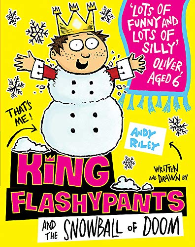 Cartoon boy wearing a crown stands beside a large snowball.