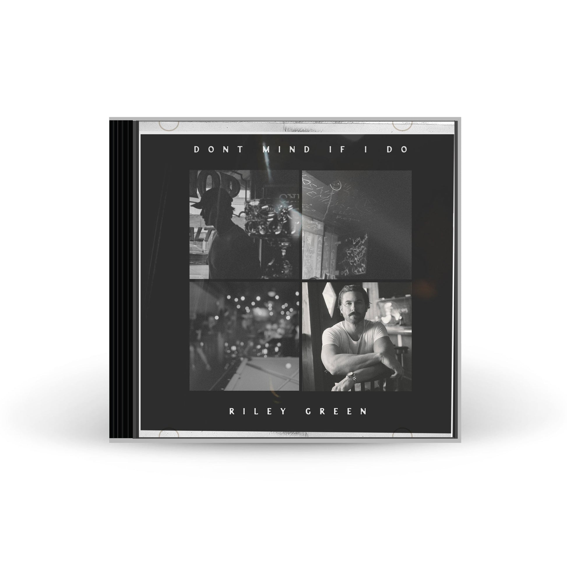 Black CD case with four black and white photos and white text.