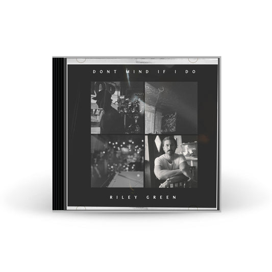 Black CD case with four black and white photos and white text.