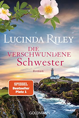Book cover with a lighthouse on a rocky coast, pink flowers.