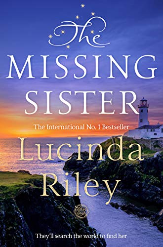 Book cover for The Missing Sister by Lucinda Riley featuring a lighthouse at sunset.