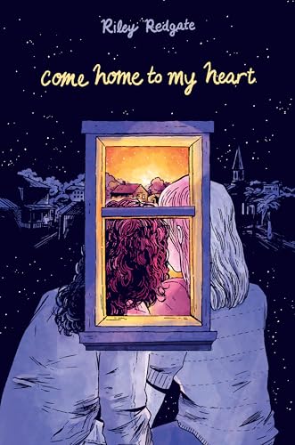Book cover: two figures looking through a window at a town.