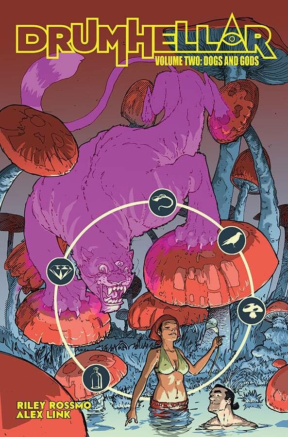 Comic book cover featuring a purple three-eyed panther among giant mushrooms and two people.