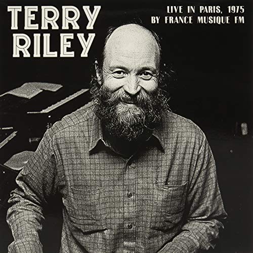Black and white portrait of Terry Riley with a piano, album cover.