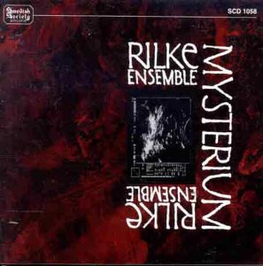 CD cover with dark red abstract background, white text, and a central monochrome image.