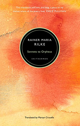 Book cover: "Sonnets to Orpheus" by Rainer Maria Rilke, with orange watercolor texture.