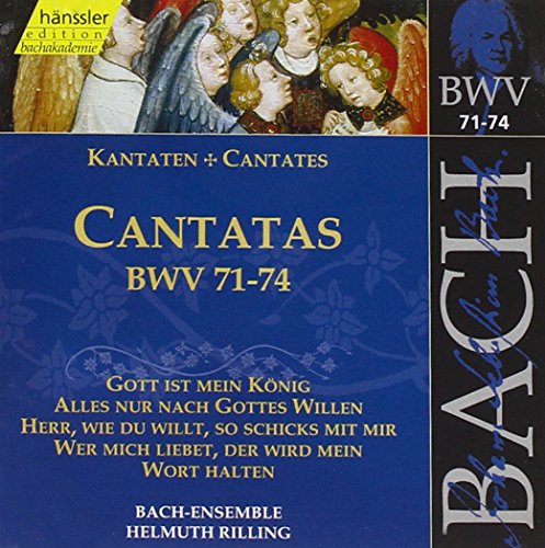 A blue CD cover with angels, text, and a Bach silhouette.