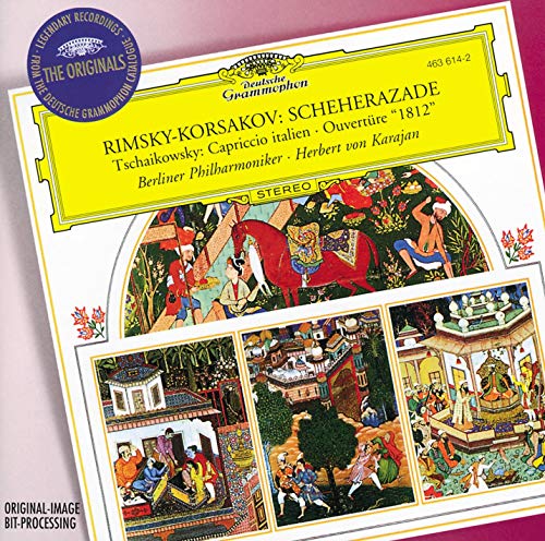 CD cover for Rimsky-Korsakov and Tchaikovsky orchestral works, featuring colorful artwork.