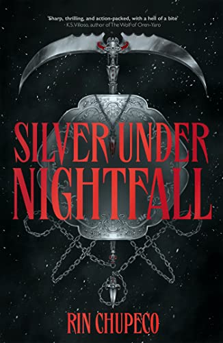 Book cover: "Silver Under Nightfall" with a scythe and ornate details.