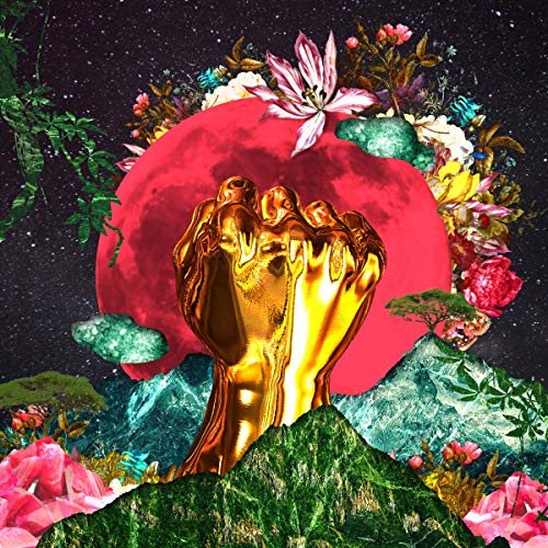 A golden fist raised before a red moon, surrounded by flowers and mountain landscapes.