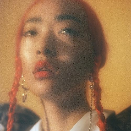 Rina Sawayama portrait with red braided hair and orange tones.