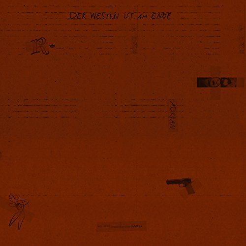 Orange album cover with handwritten text, sketches, and a gun illustration.