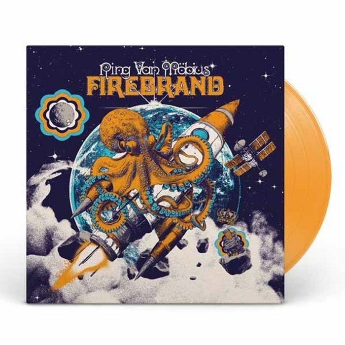 Vinyl record cover with octopus, rocket, and Earth in a space scene.