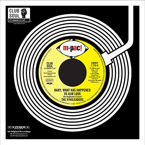 Yellow vinyl record label with concentric lines and text: "Baby, What Has Happened To Our Love.