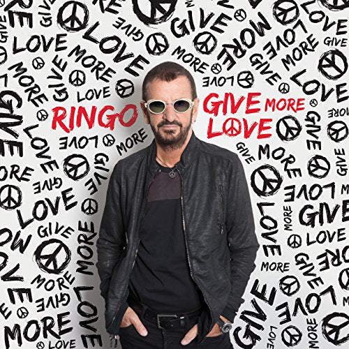Ringo Starr portrait with peace signs and repeating "Give More Love" text.