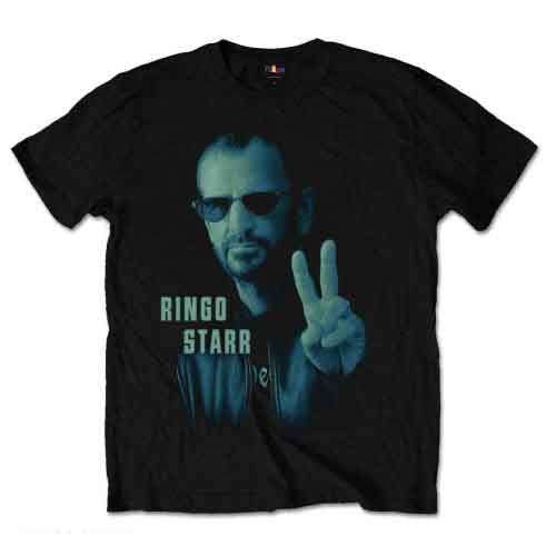 Black t-shirt with a portrait of Ringo Starr making a peace sign.