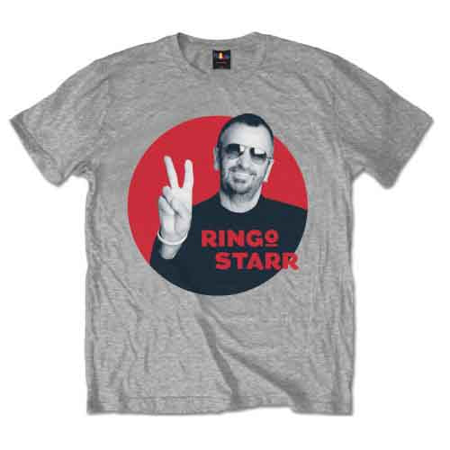 Gray t-shirt with a red graphic of Ringo Starr making a peace sign.