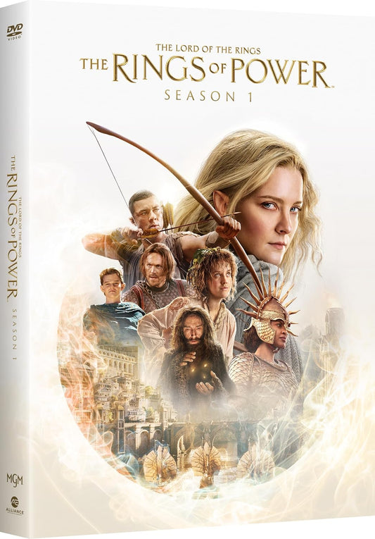 DVD cover for "The Rings of Power" Season 1 with cast and cityscapes.