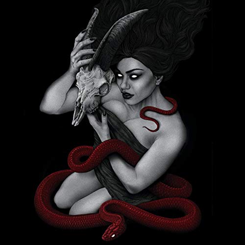 "Album cover art: woman with goat skull and red snake, dark, gothic illustration."