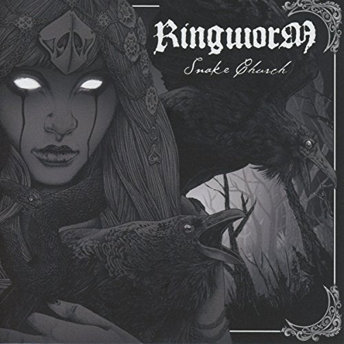 "Album cover art featuring a woman with glowing eyes and ravens, with gothic text."