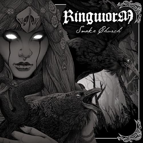 Black and white illustration of a woman with glowing eyes, snakes, and two ravens.