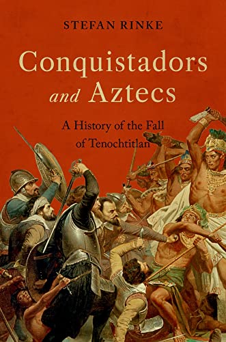 Book cover depicting conquistadors and Aztec imagery, likely historical illustrations.