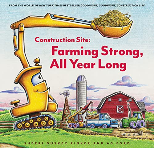 A yellow excavator holds hay on a farm with a red barn and tractor.