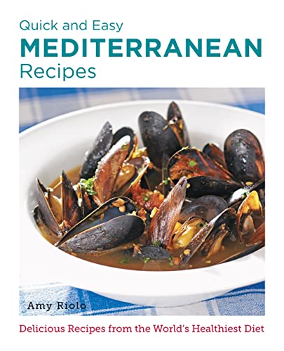 Cookbook cover featuring mussels in broth, titled “Quick and Easy Mediterranean Recipes.”