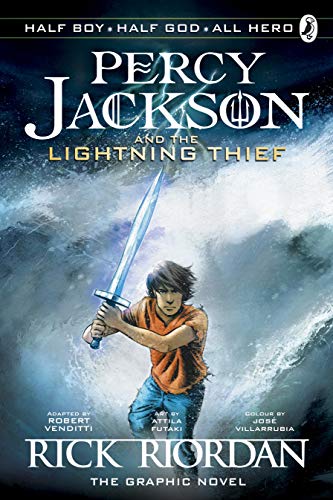 Percy Jackson graphic novel cover featuring a boy with a sword.