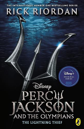 Book cover for "Percy Jackson and the Olympians: The Lightning Thief" with a trident.