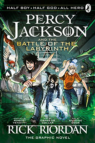 Percy Jackson graphic novel cover with characters running through a labyrinth.