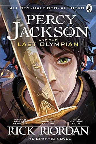 Graphic novel cover showing Percy Jackson holding a sword with a reflection of Luke.