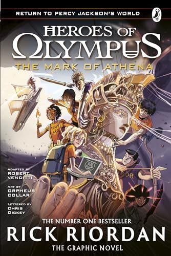 Cover of “The Mark of Athena” graphic novel featuring young heroes and a goddess.